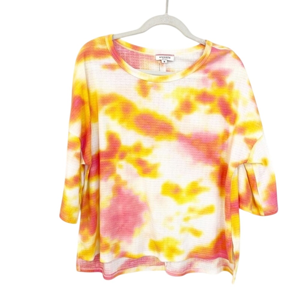 Andree by Unit Womens Medium Tie Dye Waffle Knit Thermal Top Orange Pink Yellow